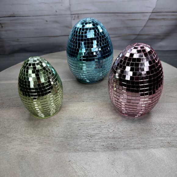 Easter Disco Table Top Eggs Mirror Pastel 3 Egg Set Pink Blue Yellow New Glitter - Picture 3 of 10
